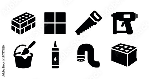 Construction tools solid icon set. building, equipment, repair, diy, workshop essentials