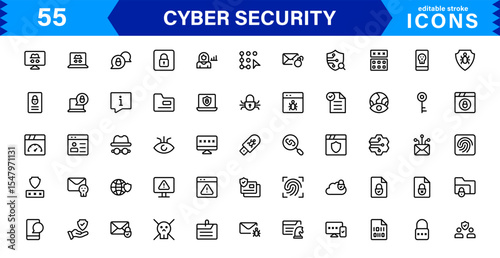 Cyber Security Icon Set Featuring Protection, Shield, Data, Encryption, and Firewall Concepts in a Professional, Clean, and SEO-Optimized Vector Style