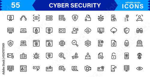 Cyber Security Icon Set Featuring Protection, Shield, Data, Encryption, and Firewall Concepts in a Professional, Clean, and SEO-Optimized Vector Style