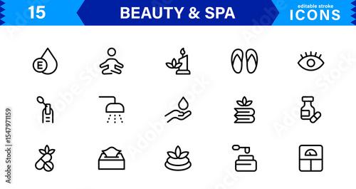 Beauty and Spa Icon Set Representing Wellness, Facial, Skin Care, Relaxation, and Beauty Treatments in a Clean, Professional, Minimalist Vector Design