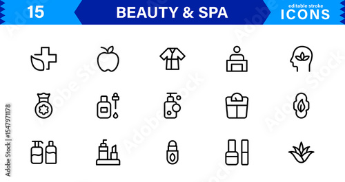 Beauty and Spa Icon Set Representing Wellness, Facial, Skin Care, Relaxation, and Beauty Treatments in a Clean, Professional, Minimalist Vector Design