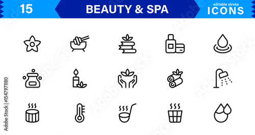 Beauty and Spa Icon Set Representing Wellness, Facial, Skin Care, Relaxation, and Beauty Treatments in a Clean, Professional, Minimalist Vector Design