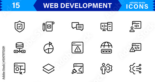 Modern Web Development Icon Set Featuring Coding, Websites, Programming, Design, and Development Concepts in a Professional, Clean Vector Style
