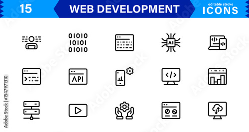Modern Web Development Icon Set Featuring Coding, Websites, Programming, Design, and Development Concepts in a Professional, Clean Vector Style
