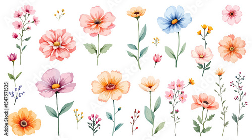 Spring  watercolor flowers vector illustration, Colorful spring flowers, Set of watercolor flowers, Clipart watercolor flowers	