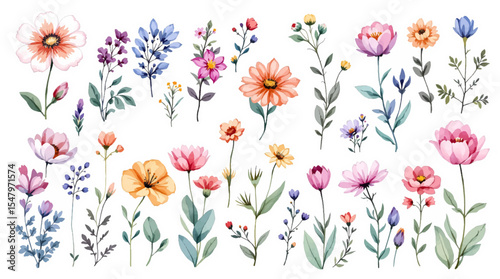 Spring  watercolor flowers vector illustration, Colorful spring flowers, Set of watercolor flowers, Clipart watercolor flowers	