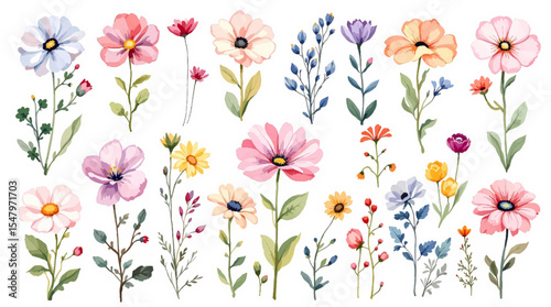 Colorful spring flowers, Set of watercolor flowers, Clipart watercolor flowers	