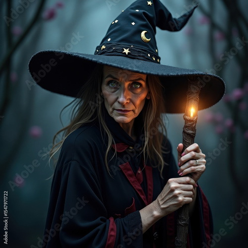 mystical forest witch with glowing amulet and moon hat