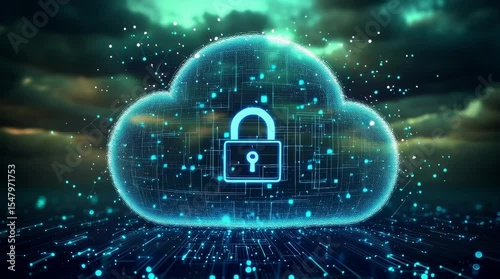 A glowing digital cloud with a padlock icon symbolizes secure online data storage and cloud security.