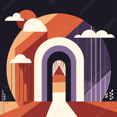 Abstract geometric archway design with colorful patterns and clouds  