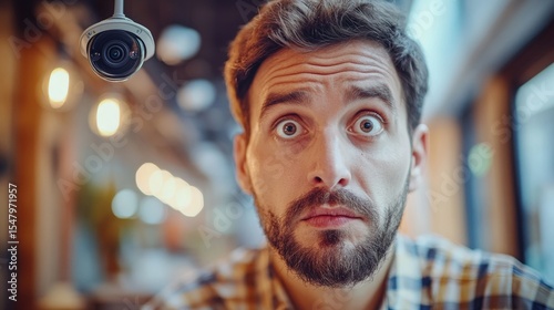 Surprised Man Looking Up at Security Camera in Cafe