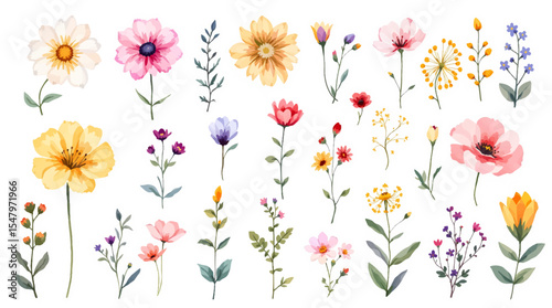 Colorful spring flowers, Set of watercolor flowers, Clipart watercolor flowers	