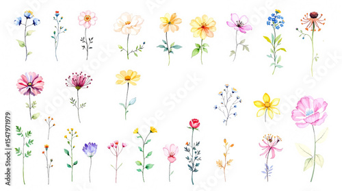Colorful spring flowers, Set of watercolor flowers, Clipart watercolor flowers	