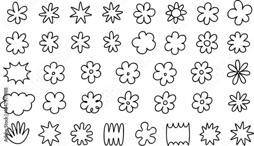 Set of 40 hand drawn floral doodles and abstract blob shapes in black outline. Ideal for stickers, kids designs, scrapbooking, or spring graphic projects. Vector EPS 10