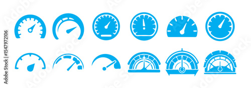 Blue Speedometer and Gauge Icon Set. Vector Dashboard Symbols. Victor illustration eps 10