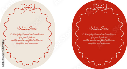 Set of elegant oval wedding invitations with hand drawn wavy frame and ribbon bow. Includes beige and red versions. Romantic design. Vector EPS 10