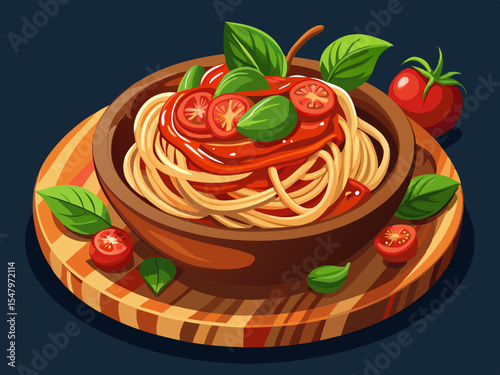 vector of Spaghetti with tomato sauce and basil in wooden bowl on table and dark background.