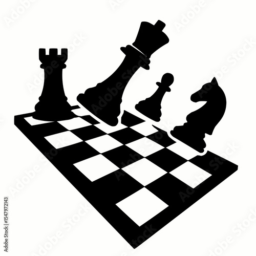 Black chess pieces are set on a patterned chessboard, ready for a strategic game