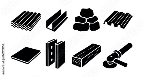 Construction materials silhouette icon set. tools, building, lumber, equipment icons.