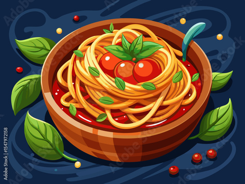 vector of Spaghetti with tomato sauce and basil in wooden bowl on table and dark background.