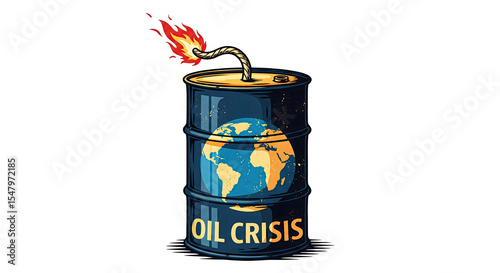 Illustration of a globe beside an oil barrel with burning fuse, symbolizing global oil crisis, stylized design on white background
