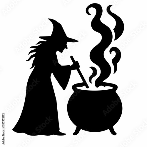 Sleek black vector silhouette of a Halloween witch with her broom and hat, a magical illustration of a woman in fashion