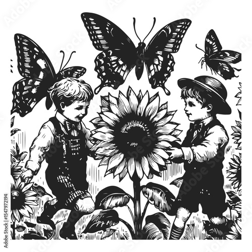 Vintage Ink Drawing of Butterfly Boys and a Sunflower – High-Contrast Black and White Artwork