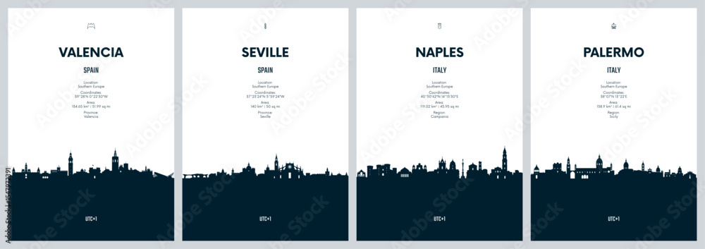 Fototapeta premium Travel vector set with city skylines Valencia, Seville, Naples, Palermo detailed city skylines minimalistic graphic artwork
