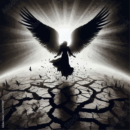 Black vector silhouette of a flying angel with spread wings over a dry cracked desert landscape with an eagle