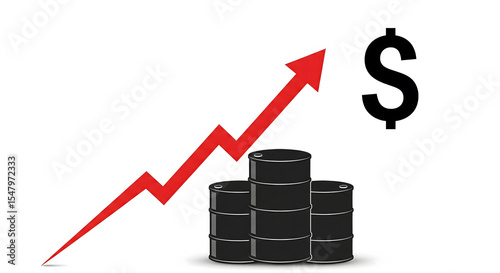 Flat vector of red arrow rising above stacked oil barrels with golden Dollar sign at top, symbolizing price increase on clean white background