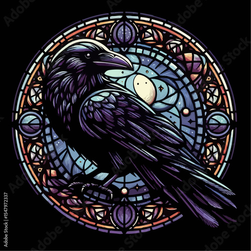 Stained glass window with an ornamental bird illustration, a vibrant floral art design perfect for decoration, a tattoo, or a pattern