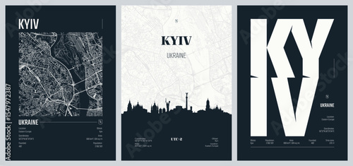 Set of travel posters with Kyiv, detailed urban street plan city map, Silhouette city skyline, vector artwork, set 2