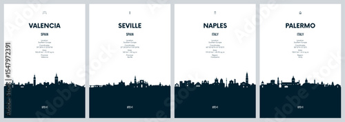 Travel vector set with city skylines Valencia, Seville, Naples, Palermo detailed city skylines minimalistic graphic artwork