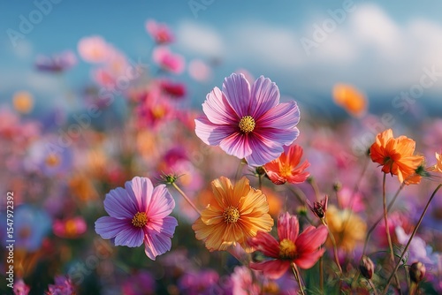 Vibrant Cosmos Flowers in a Sunlit Field
