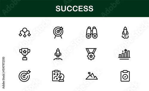 Success Icon Set in Clean Vector Style Featuring Trophies, Growth, Awards, and Achievements
