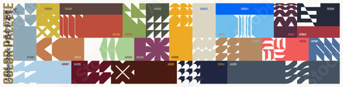 Colour palette set, trendy different combined colors with codes, vector banner with colorful ornament of abstract geometric shapes in brutalism style, modern collage postmodern figures kit 5