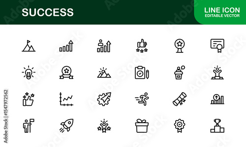 Success Icon Set in Clean Vector Style Featuring Trophies, Growth, Awards, and Achievements