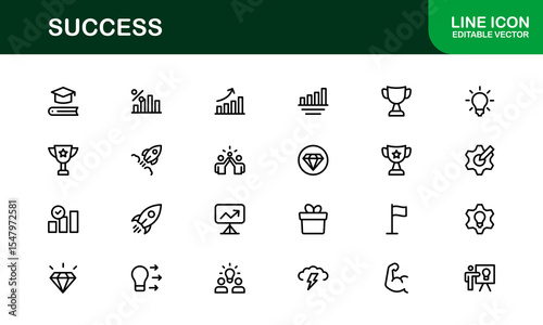 Success Icon Set in Clean Vector Style Featuring Trophies, Growth, Awards, and Achievements