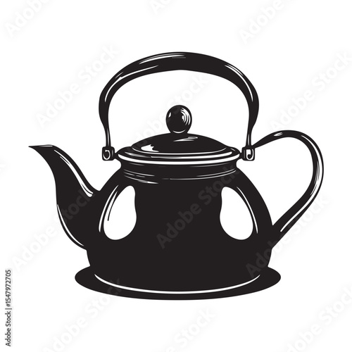 Simple, black and white silhouette of an electric tea kettle  Electric Tea Kettle with Tea Leaves Design, electric kettle Vector black silhouette. with white background, 