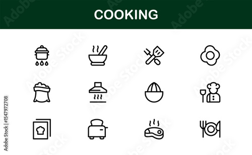 Vector Cooking Icons Collection with Minimal Style Illustrations of Utensils, Ingredients, and Kitchen Elements