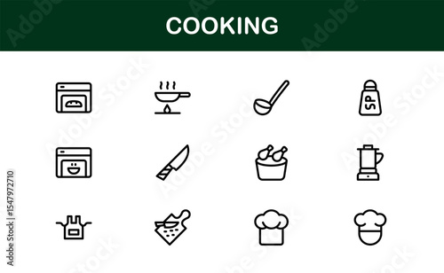 Vector Cooking Icons Collection with Minimal Style Illustrations of Utensils, Ingredients, and Kitchen Elements