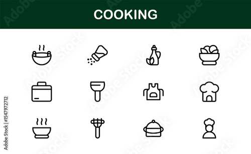 Vector Cooking Icons Collection with Minimal Style Illustrations of Utensils, Ingredients, and Kitchen Elements