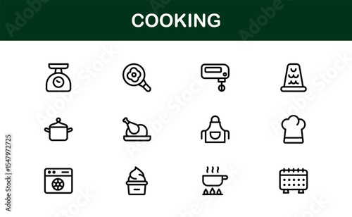 Vector Cooking Icons Collection with Minimal Style Illustrations of Utensils, Ingredients, and Kitchen Elements