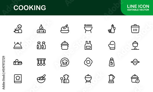 Vector Cooking Icons Collection with Minimal Style Illustrations of Utensils, Ingredients, and Kitchen Elements