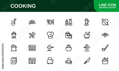 Vector Cooking Icons Collection with Minimal Style Illustrations of Utensils, Ingredients, and Kitchen Elements