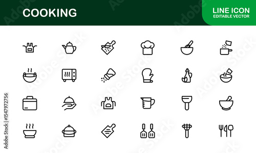 Vector Cooking Icons Collection with Minimal Style Illustrations of Utensils, Ingredients, and Kitchen Elements