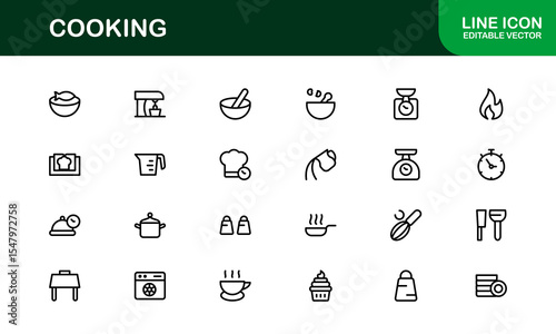 Vector Cooking Icons Collection with Minimal Style Illustrations of Utensils, Ingredients, and Kitchen Elements
