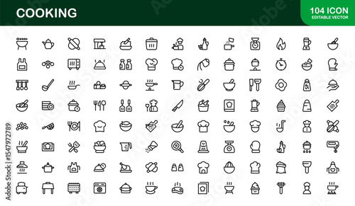 Vector Cooking Icons Collection with Minimal Style Illustrations of Utensils, Ingredients, and Kitchen Elements