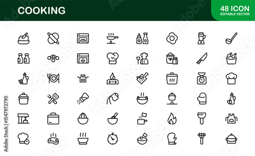 Vector Cooking Icons Collection with Minimal Style Illustrations of Utensils, Ingredients, and Kitchen Elements