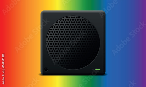 Portable wireless speaker isolated on colorful background realistic vector illustration.